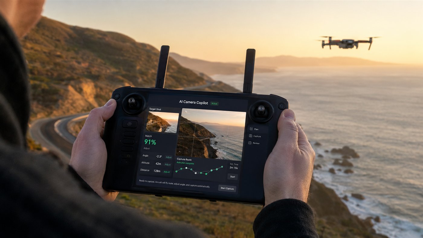 Hands on a drone controller above a golden coastline, the copilot tracking the shot at 91 percent while the drone holds the angle