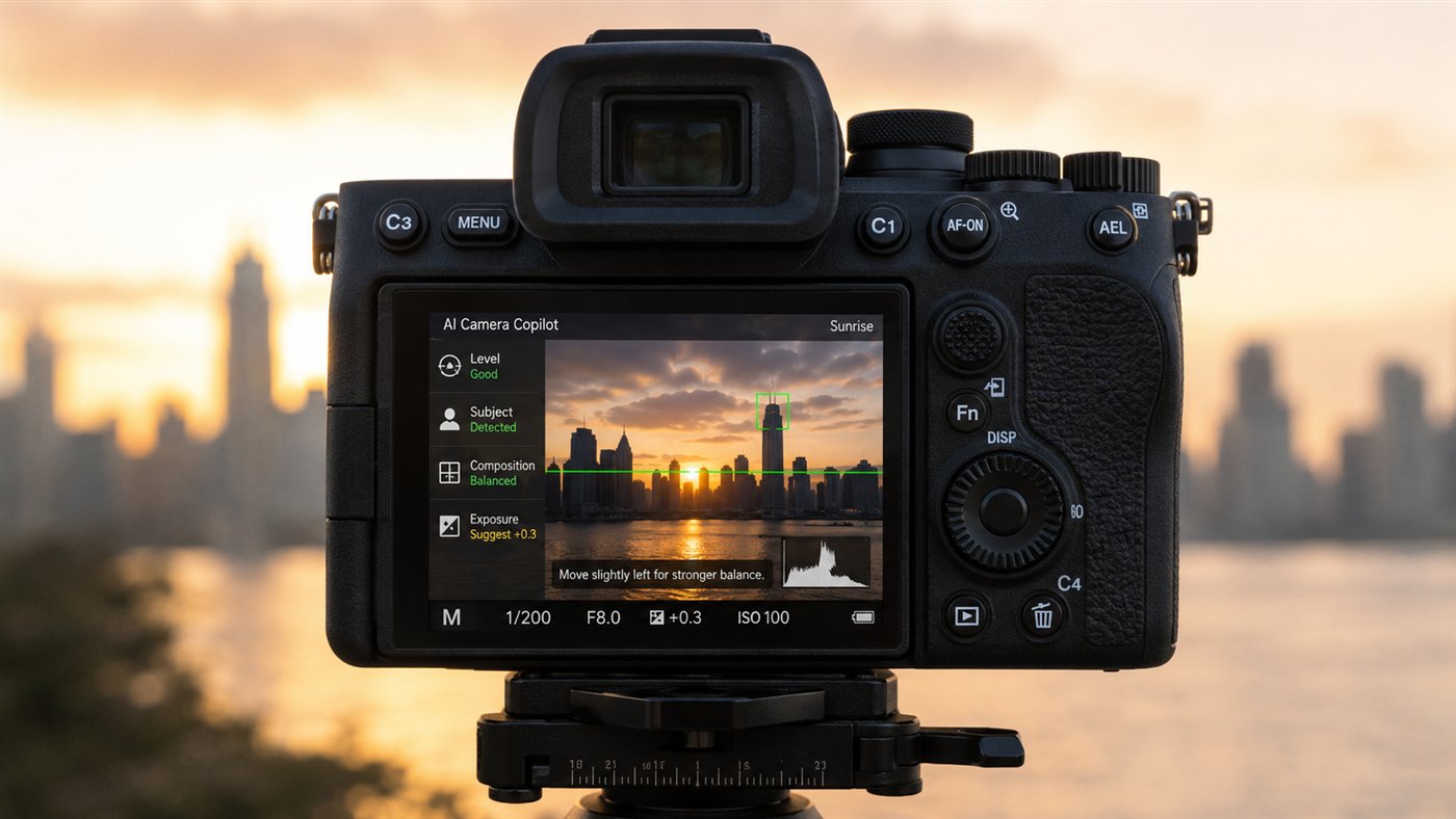 Camera rear screen at golden hour with level, subject and composition checks passed and the suggestion: move slightly left for stronger balance