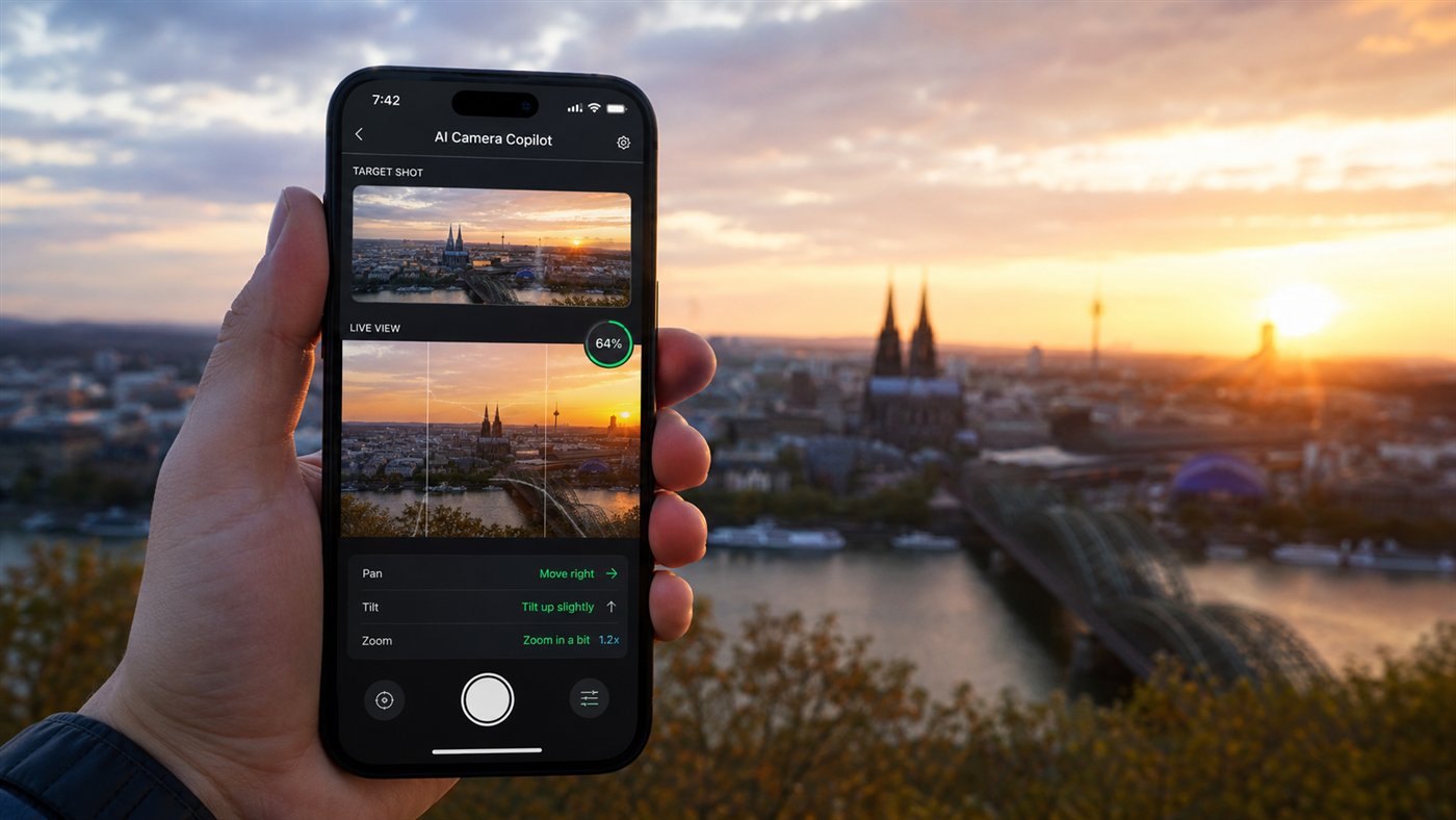 Phone showing a target shot from your taste profile next to the live view, matched at 94 percent, with pan, tilt and zoom suggestions