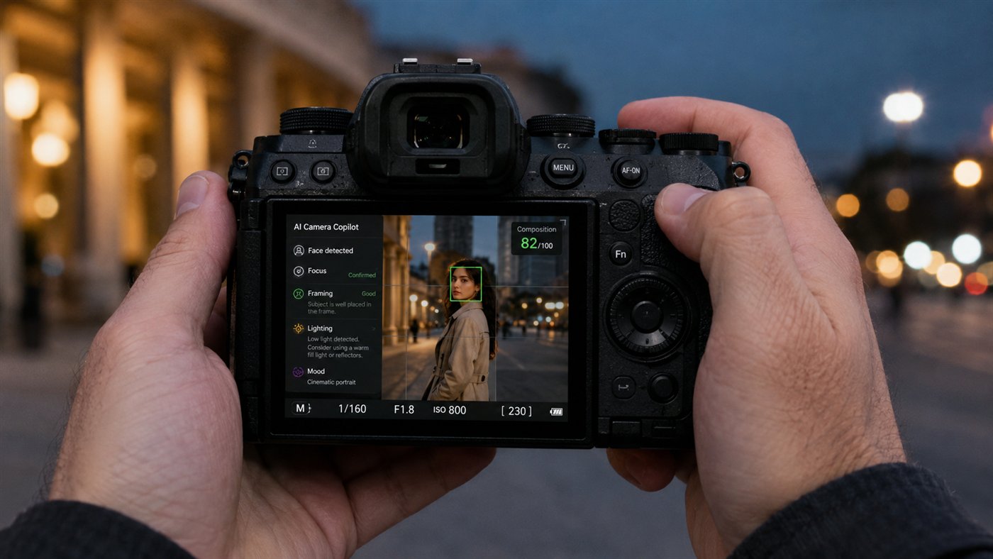 Night street shooting with the copilot dialing manual settings: 1/160, f/1.8, ISO 800 — face detected, composition 82