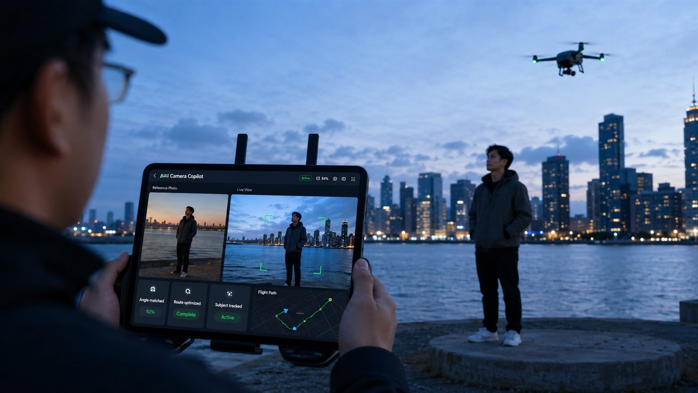 At a dusk waterfront, the copilot matches reference photos to the scene and plans the flight path while the drone hovers over the subject